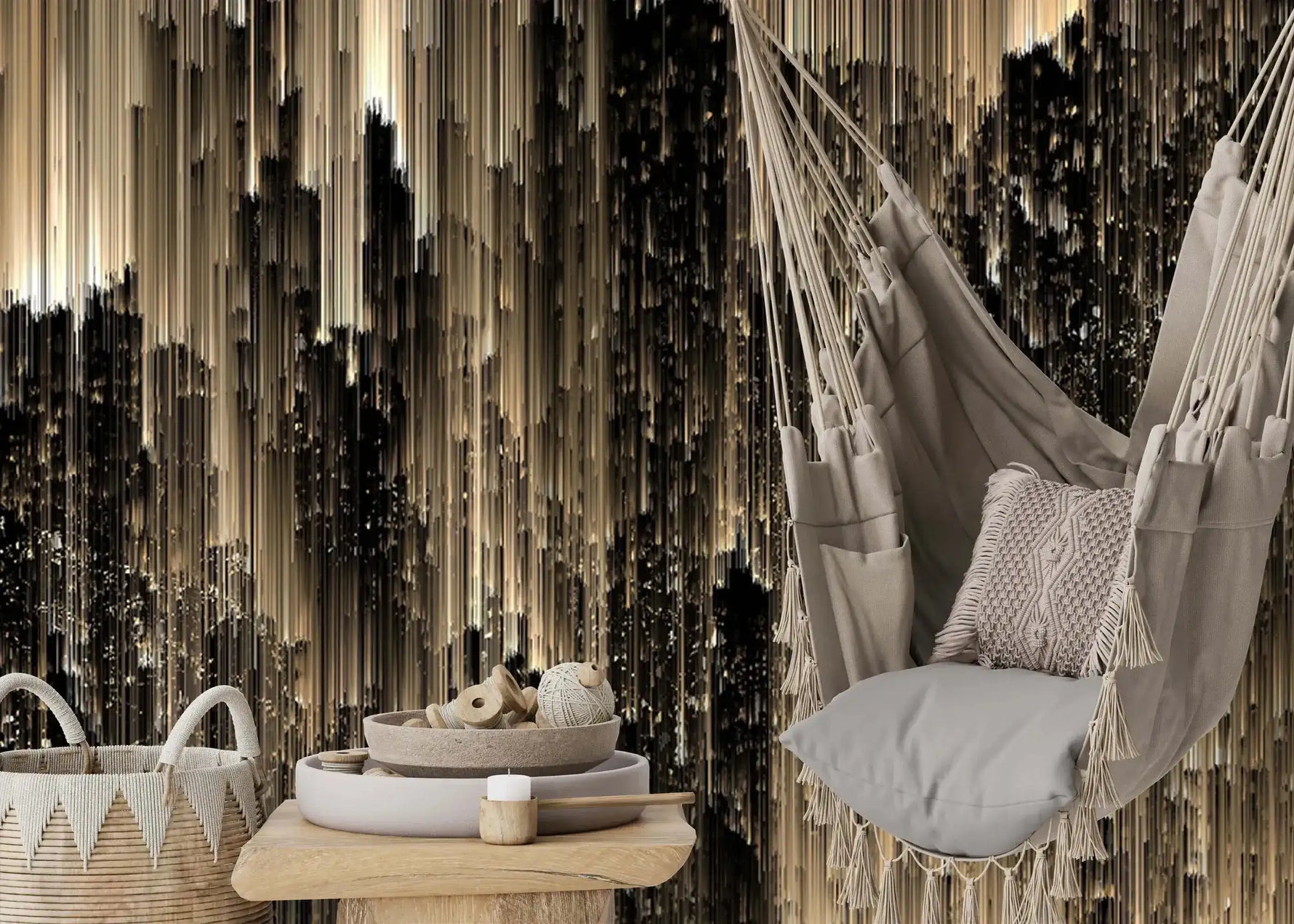 Midnight Opulence wallpaper with boho nook; macrame hammock chair, wicker basket, and wooden tray against gold-black wall
