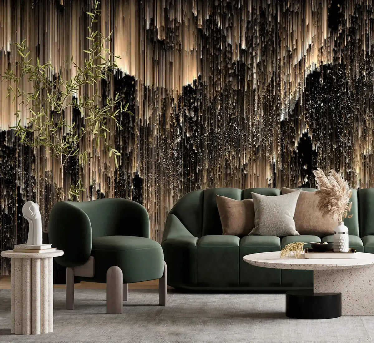 Midnight Opulence wallpaper in lounge with forest-green curved sofa, marble coffee table, olive tree; gold-black streaked wall