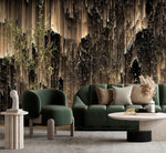 Midnight Opulence wallpaper in lounge with forest-green curved sofa, marble coffee table, olive tree; gold-black streaked wall