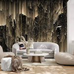 Midnight Opulence glamorous wallpaper in luxury living room; vertical gold and black streaks, curved white sofa, round table