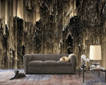 Midnight Opulence night wallpaper in vintage sitting room; grey bouclé sofa, ironwork side table, glass cloche, worn rug