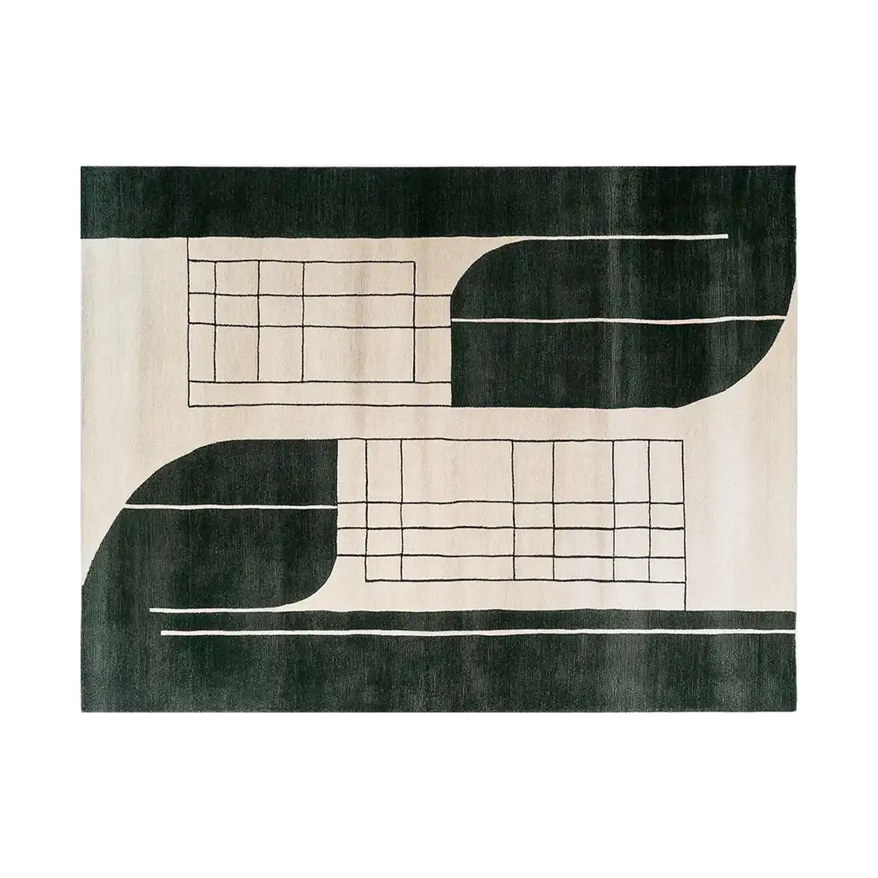 Top view of the Midnight Shadow Tune Knotted Wool Rug, a stylish area rug featuring abstract geometric patterns in black and white. Perfect for contemporary living room decor, this 8x10 wool rug adds a modern touch to any space.