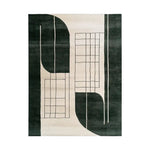 A contemporary wool rug with an abstract geometric design in dark green and cream tones. Perfect for adding a modern touch to your living room, this 8x10 area rug combines style and comfort, making it an ideal choice for living room area rugs.