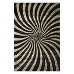 The Midnight Spiral Dance Hand Tufted Area Rug showcases a mesmerizing spiral pattern in black and beige tones. This contemporary wool rug adds a dynamic touch to any living room, making it an eye-catching centerpiece.