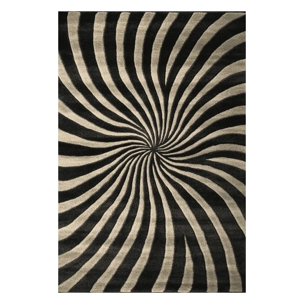 The Midnight Spiral Dance Hand Tufted Area Rug showcases a mesmerizing spiral pattern in black and beige tones. This contemporary wool rug adds a dynamic touch to any living room, making it an eye-catching centerpiece.