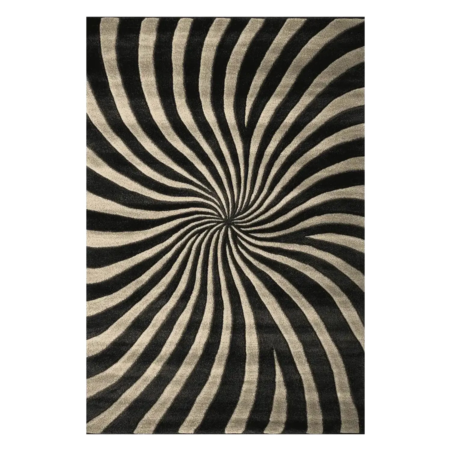 The Midnight Spiral Dance Hand Tufted Area Rug showcases a mesmerizing spiral pattern in black and beige tones. This contemporary wool rug adds a dynamic touch to any living room, making it an eye-catching centerpiece.
