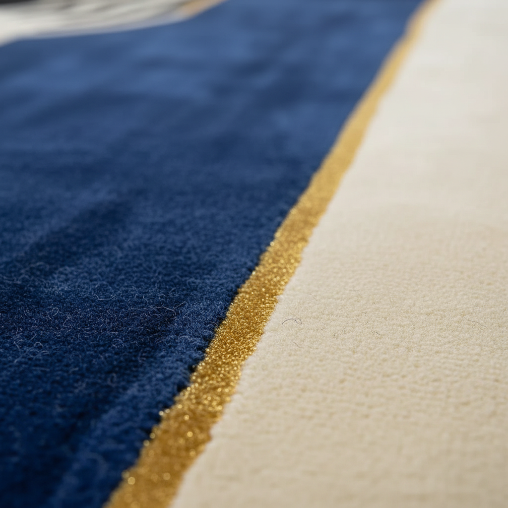 Close-up of blue, gold, and beige rug textures.