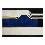 A contemporary hand tufted area rug with a striking design in bold blue, black, and cream colors, perfect for enhancing living room decor. This wool rug features abstract patterns, making it an ideal choice for those seeking large living room rugs with a modern touch.