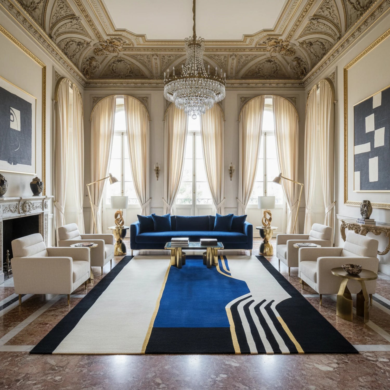 Luxurious living room with a blue sofa, an abstract wool rug, white chairs, and a large chandelier.