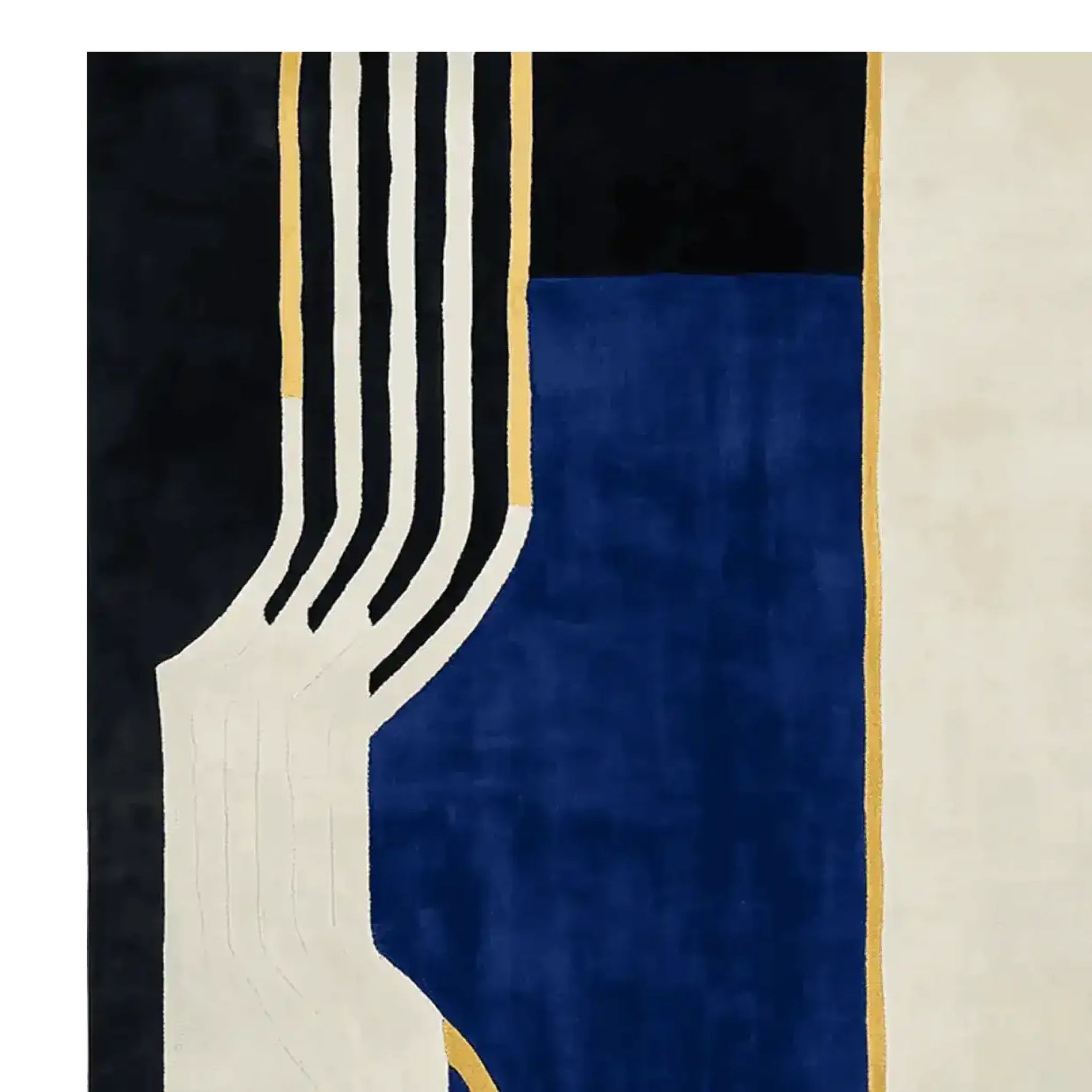 This image features a contemporary wool rug with an abstract design, perfect for large living room spaces. The area rug showcases a striking combination of black, blue, and white with bold lines, adding a modern touch to any living room area.