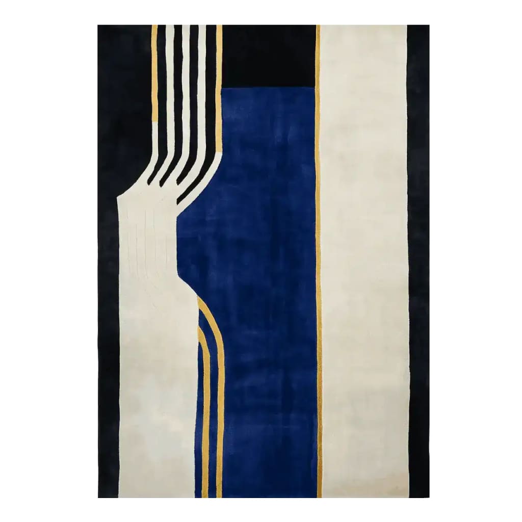 Midnight Stream Line Hand Tufted Area Rug featuring an abstract design with bold blue, black, and cream colors, perfect for contemporary living room area rugs. This wool rug showcases elegant geometric patterns, ideal as a large living room rug.