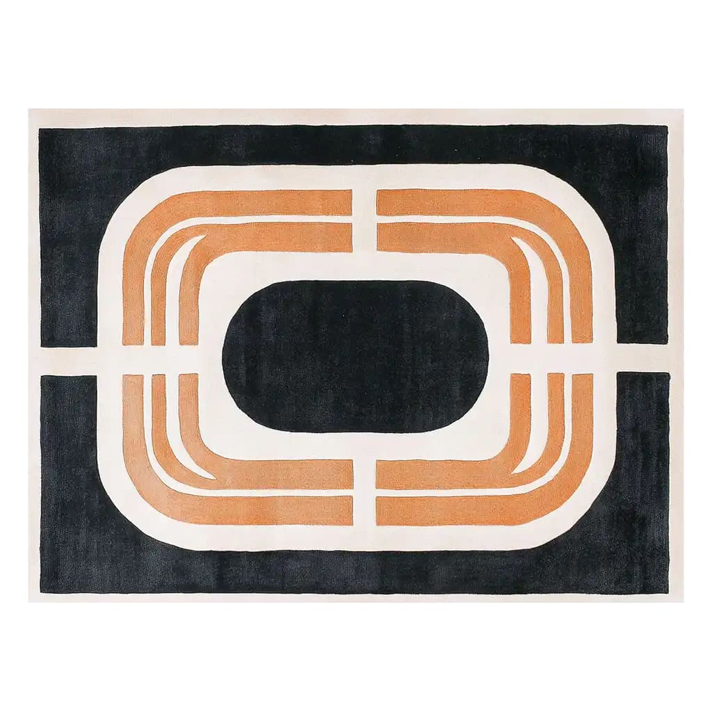 Top view of the Midnight Symphony Knotted Wool Rug, showcasing its bold geometric design. This contemporary area rug features a striking pattern with black and burnt orange shapes on a cream background, perfect for modern living room area rugs. Ideal as a wool rug for 8x10 living room spaces, it adds a touch of sophistication to any decor.