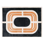 Top view of the Midnight Symphony Knotted Wool Rug, showcasing its bold geometric design. This contemporary area rug features a striking pattern with black and burnt orange shapes on a cream background, perfect for modern living room area rugs. Ideal as a wool rug for 8x10 living room spaces, it adds a touch of sophistication to any decor.