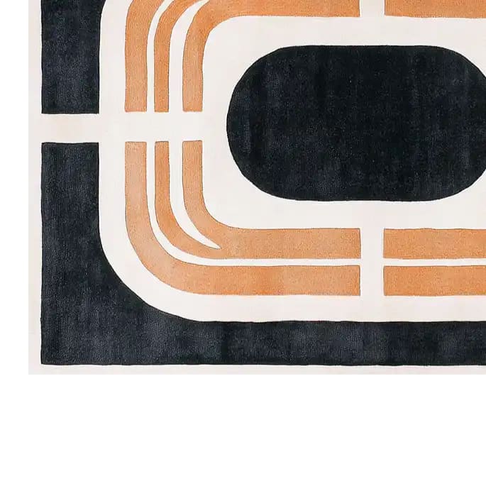 A contemporary wool area rug featuring a bold geometric design with black, white, and tan colors. Perfect for adding a modern touch to living room spaces, this 8x10 rug combines style and comfort, making it an ideal choice for those seeking a unique living room area rug.