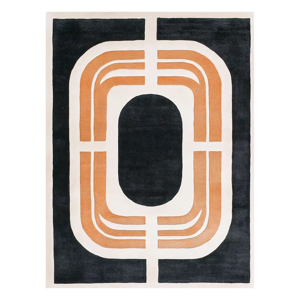 Top view of the Midnight Symphony Knotted Wool Rug, featuring a bold geometric pattern in black, white, and orange tones. Perfect for adding a touch of modern elegance to living rooms, this 8x10 area rug is crafted from high-quality wool, making it an ideal choice for contemporary rug enthusiasts.