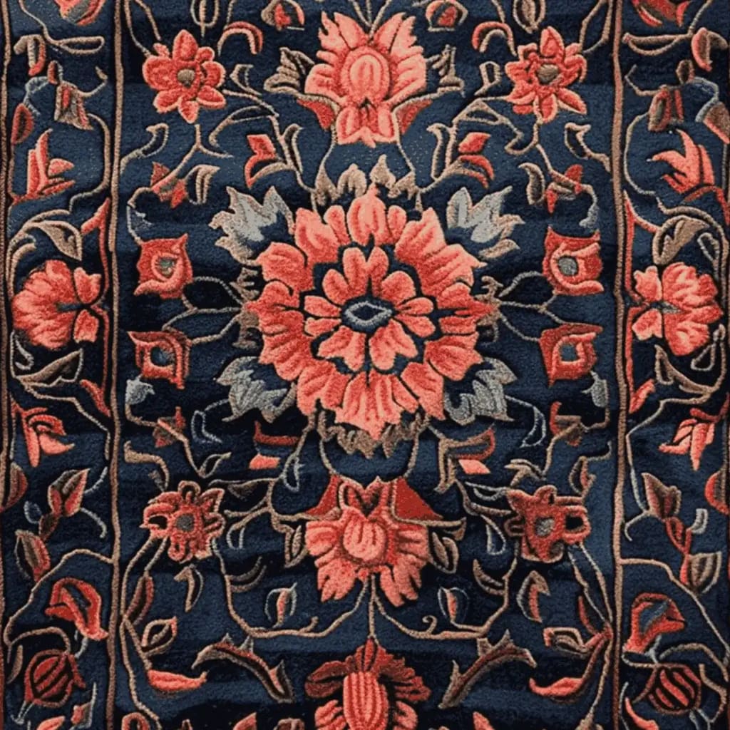A beautifully designed hand-tufted wool area rug featuring intricate floral patterns in vibrant shades of coral and blue. This elegant 8x10 living room rug adds a touch of sophistication and warmth to any space. Perfect for those seeking high-quality living room area rugs.