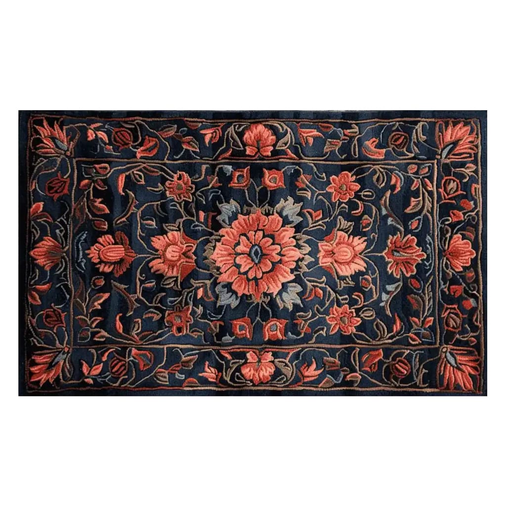 This beautifully designed area rug, titled 'Midnight Vine Dream Hand Tufted Rug', showcases an intricate floral pattern in warm coral and navy tones. Perfect for adding elegance to your living room, this wool rug is available in an 8x10 size, ideal for large spaces. The detailed craftsmanship makes it a standout piece among living room area rugs.