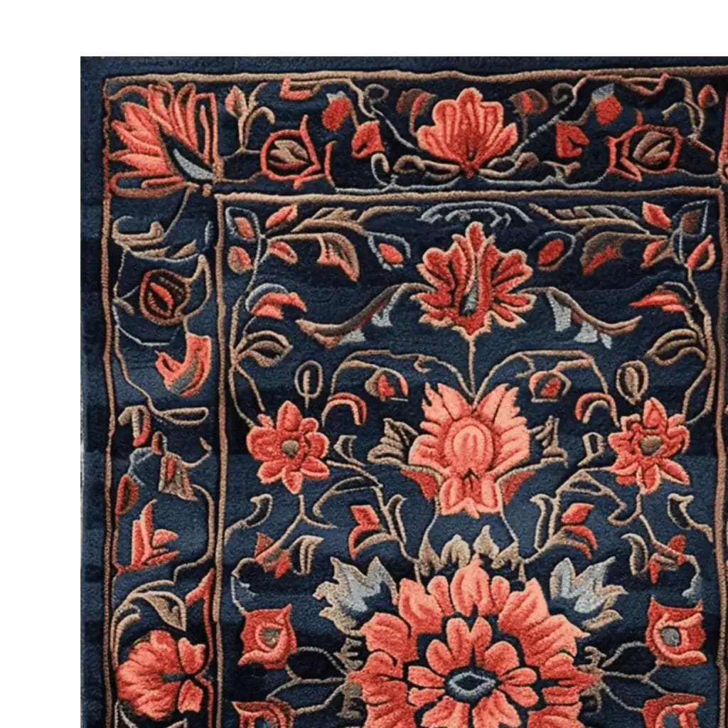 Close-up of the Midnight Vine Dream Hand Tufted Area Rug, showcasing intricate floral patterns in warm red and orange hues on a deep blue background. Perfect for enhancing living room decor, this wool rug adds elegance to any space. Ideal for those seeking living room area rugs or an 8x10 wool rug that combines style and comfort.