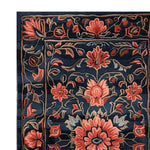 Close-up of the Midnight Vine Dream Hand Tufted Area Rug, showcasing intricate floral patterns in warm red and orange hues on a deep blue background. Perfect for enhancing living room decor, this wool rug adds elegance to any space. Ideal for those seeking living room area rugs or an 8x10 wool rug that combines style and comfort.