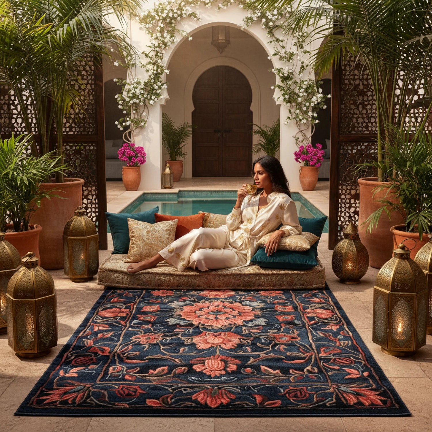 Woman sitting on a decorative rug in a patio with plants and lanterns