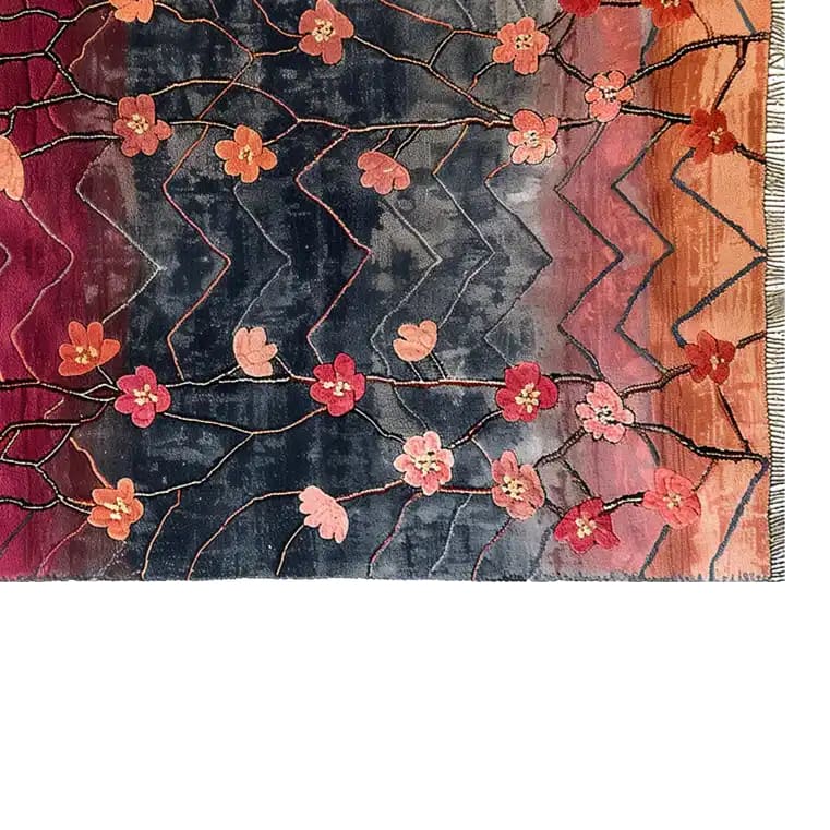 A beautifully designed area rug featuring an abstract floral pattern with vibrant pink and red blossoms on a gradient background. This wool rug adds a touch of elegance to any space, perfect for living room decor. Ideal for those looking for living room rugs in 8x10 size.