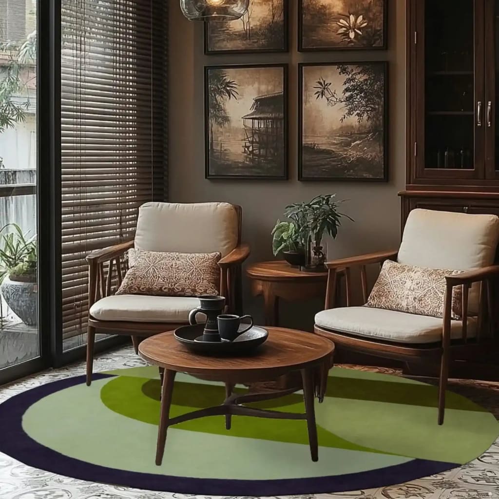 A cozy living room featuring a stylish Mini Maia Geometric Round Hand Tufted Wool Rug with abstract green and dark blue patterns, perfect for large living room spaces. This elegant area rug adds a touch of modern design to the room, complementing the wooden coffee table and chairs, ideal for creating inviting spaces in your home or office.
