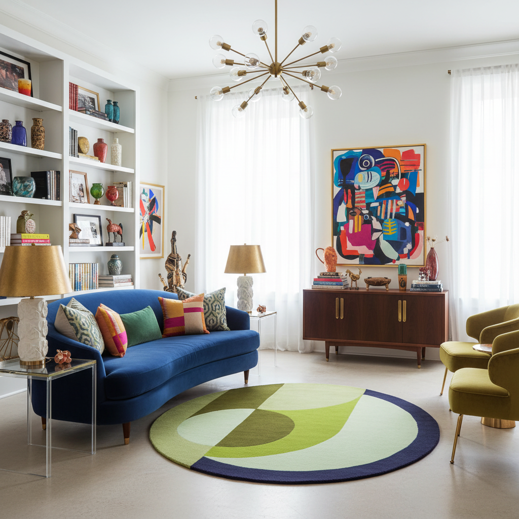 Modern living room with a blue sofa, colorful contemporary round rug, and abstract art on the wall.