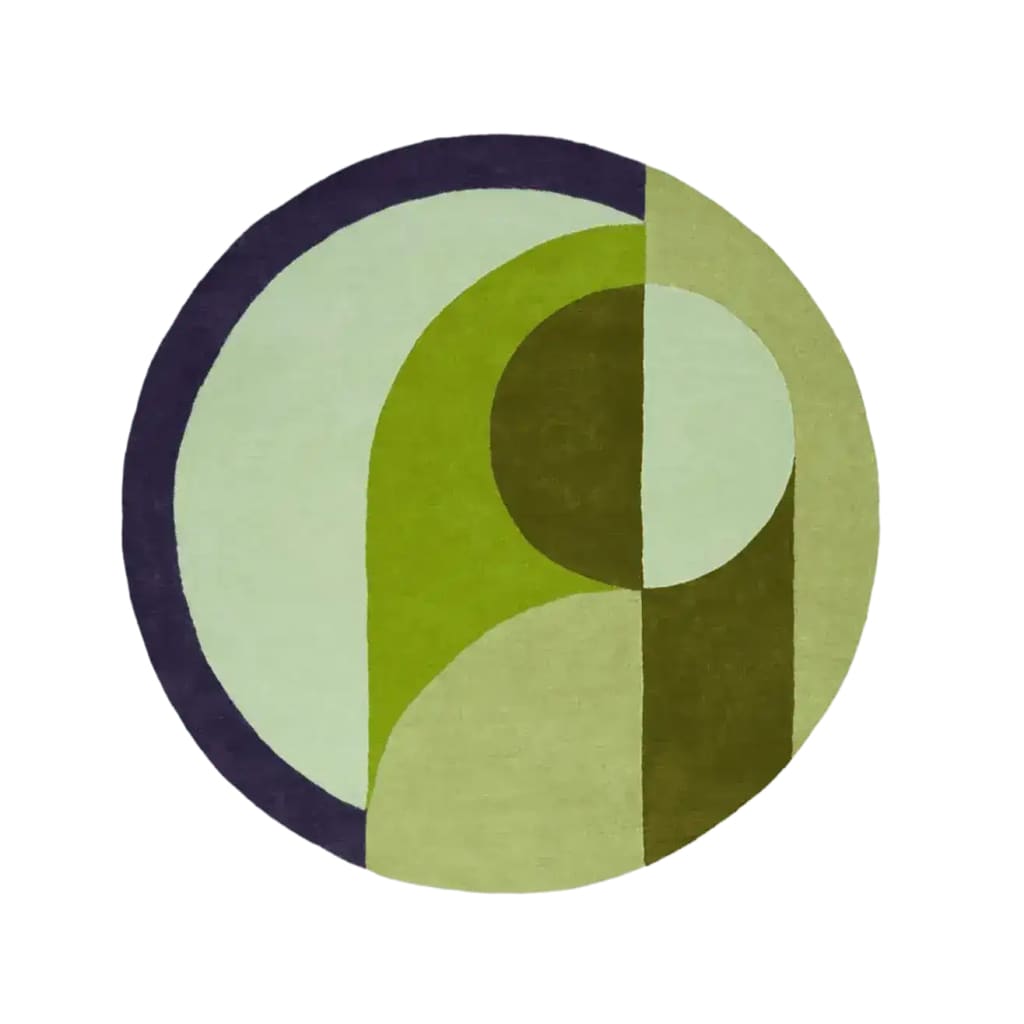 A stylish Mini Maia Geometric Round Hand Tufted Wool Rug featuring an abstract design with green and beige tones, perfect for large living rooms or offices. This area rug adds a modern touch to any space, enhancing the decor with its unique circular pattern.