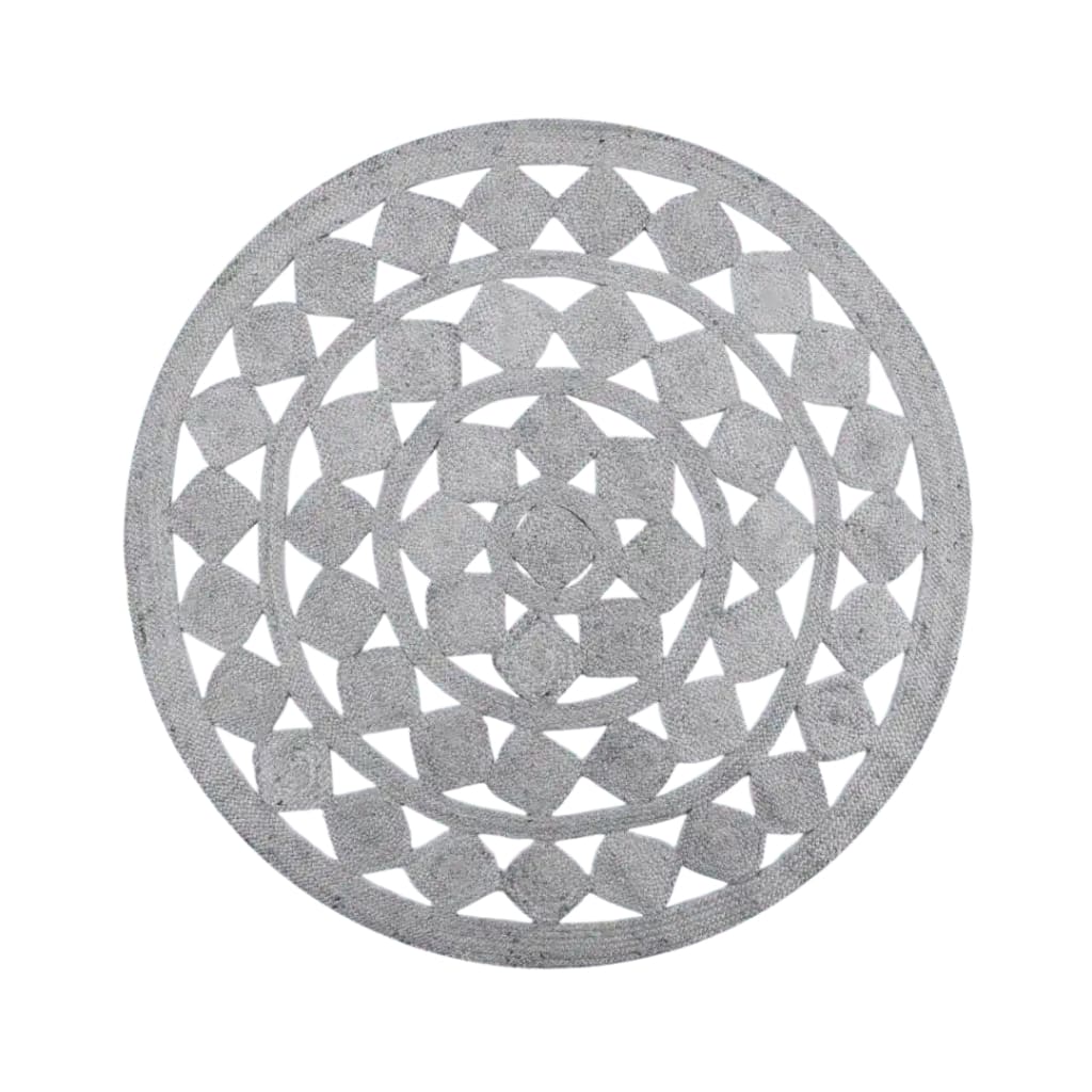 Elegant round area rug crafted from gray jute, featuring an intricate geometric design. Ideal for large living rooms, this stylish jute rug adds a modern touch to your space, functioning as both a centerpiece and a functional large area rug.