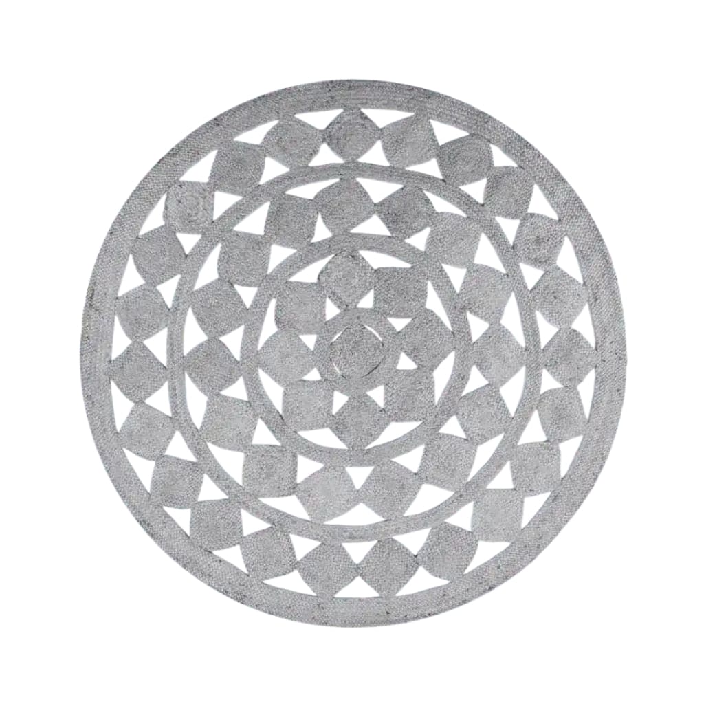 A stylish Mini Square Round Jute Rug in gray, perfect as an area rug for your living room. This large round rug features a detailed geometric pattern, adding elegance and sophistication to any space. Ideal for those looking for large area rugs to enhance their living room decor.