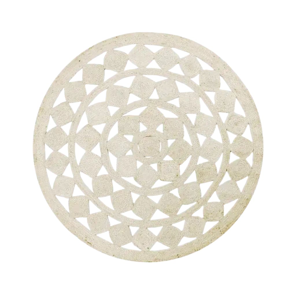 This image showcases a beautiful Mini Square Round Jute Rug in white, perfect for enhancing your living room or office space. The area rug features a unique, intricate design, making it a stylish addition to any room. Ideal for living room rugs 8x10 or as a charming office rug, this round jute rug adds a touch of elegance and natural texture to your decor.