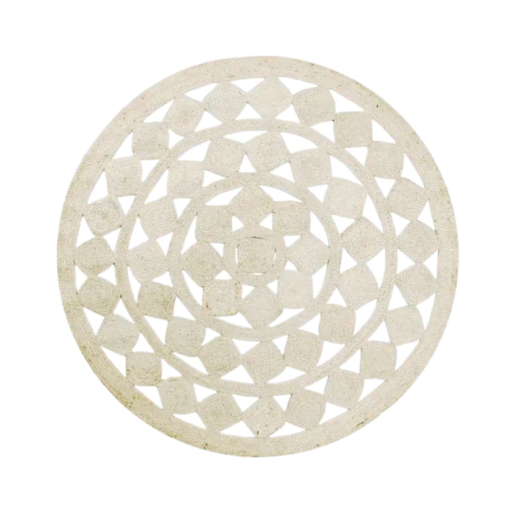 Beautifully crafted white round jute area rug with intricate patterns, perfect for adding a touch of elegance to living rooms or offices. Ideal as an 8x10 living room rug or a stylish office rug.