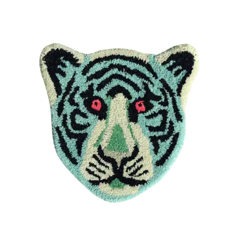 A vibrant Blue Tiger Face Hand-Tufted Wool Accent Rug, perfect for adding a unique touch to your office or living room. This area rug features a striking tiger design in shades of blue and black, ideal for wool rug enthusiasts looking to enhance their space with style.