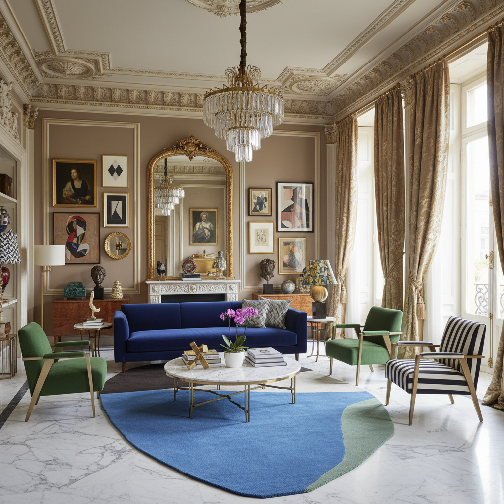Luxurious living room with blue sofa, green chairs, an abstract wool rug, and decorative elements.