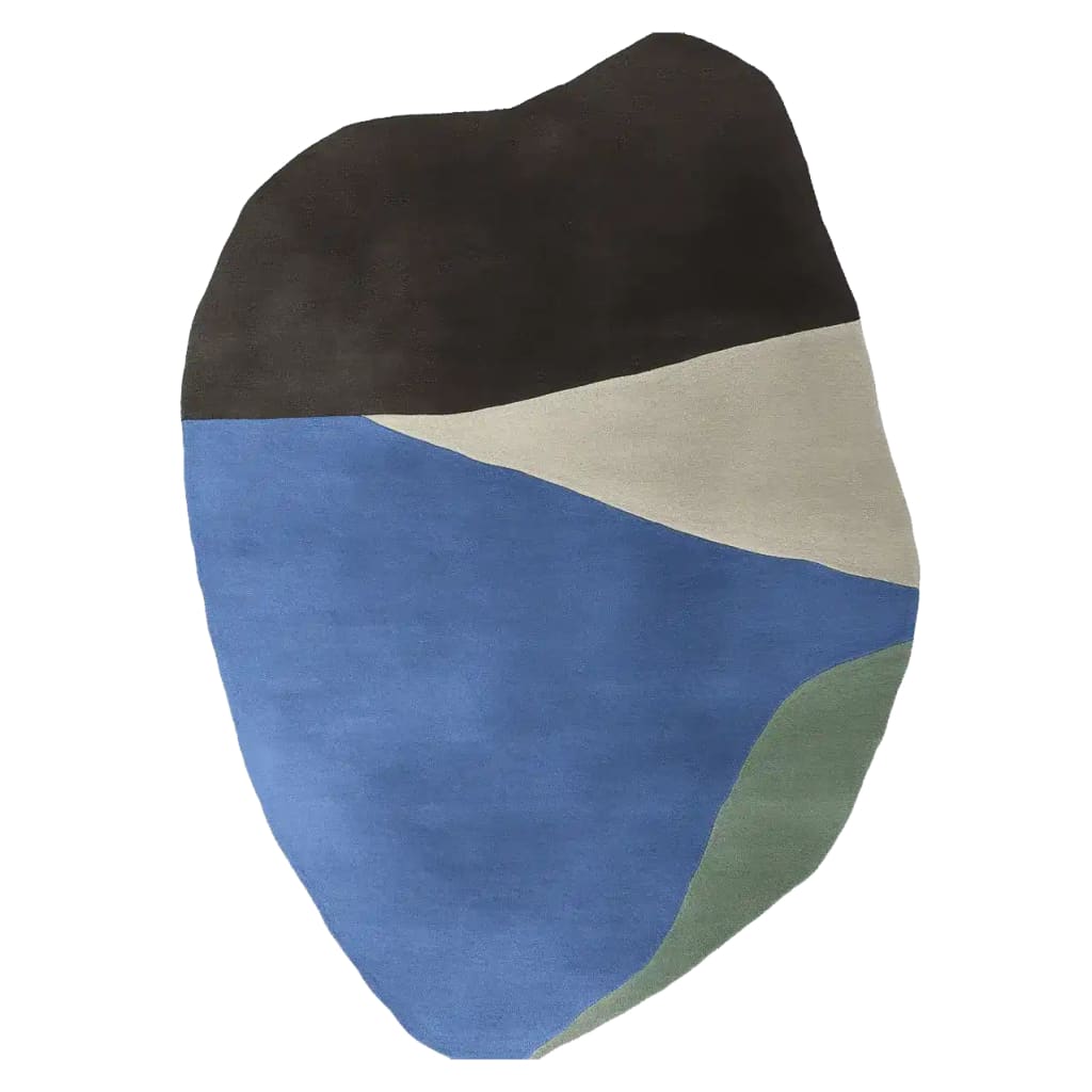 A uniquely shaped Minimal Mood Hand Tufted Area Rug featuring a contemporary design with bold abstract patterns in black, blue, beige, and green. This wool rug adds a modern touch to any living room, perfect for those seeking stylish area rugs for living room decor.