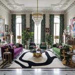 Luxurious living room with colorful furniture, a contemporary hand-tufted wool rug, and decorative elements.