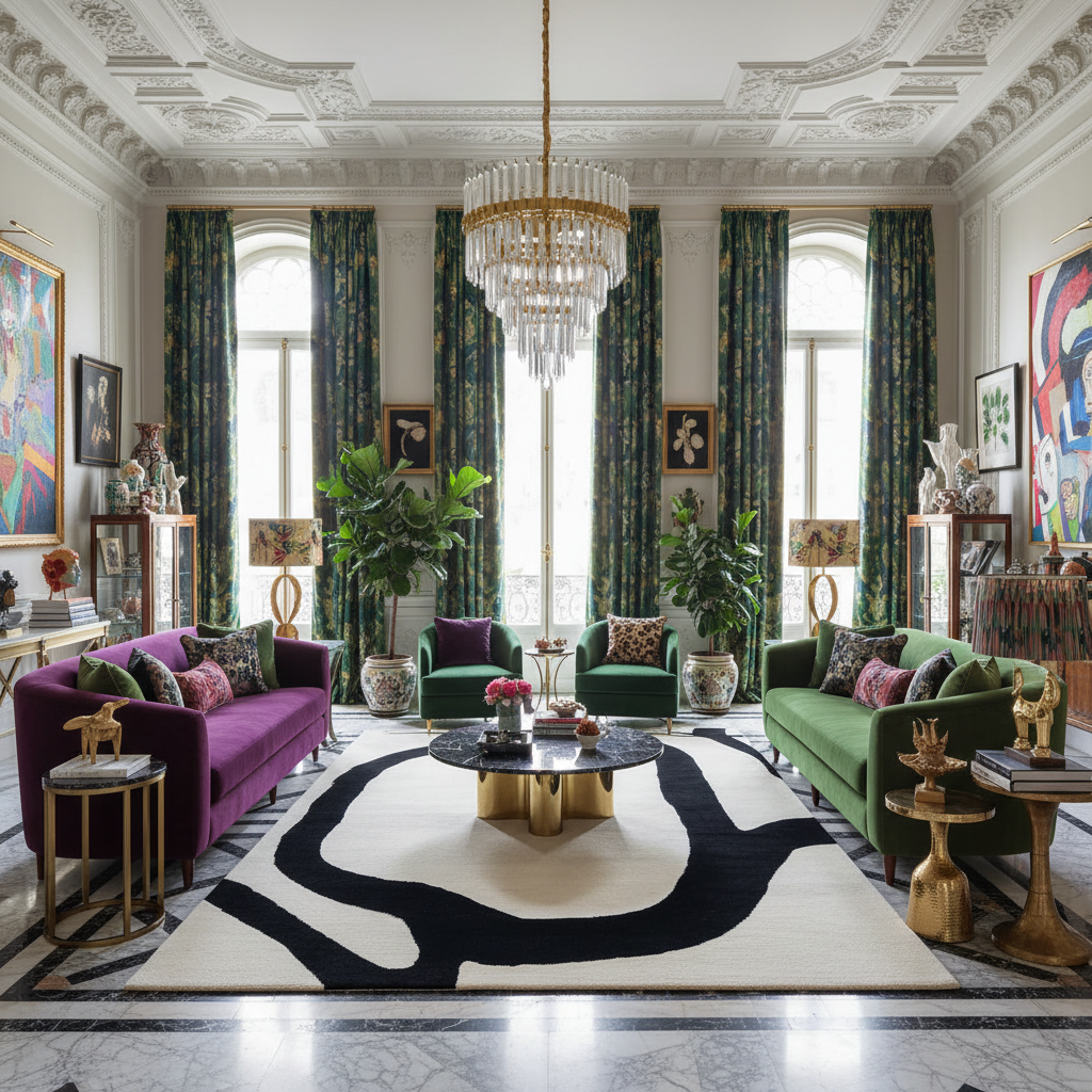 Luxurious living room with colorful furniture, a contemporary hand-tufted wool rug, and decorative elements.