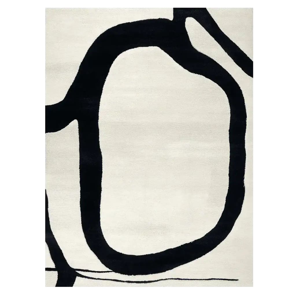 Top view of a Minimal Sketch Flow Hand Tufted Area Rug, showcasing a contemporary design with bold black abstract lines on a soft wool surface. Perfect for adding modern elegance to living room spaces.
