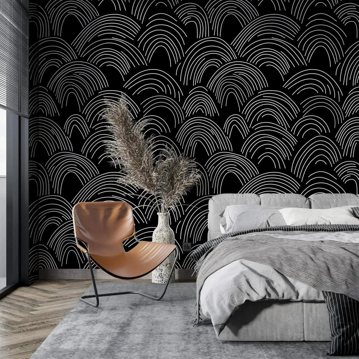 Minimalist Midnight Lines arch-wave wallpaper as a bedroom feature wall above a grey bed