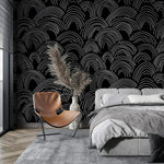 Minimalist Midnight Lines arch-wave wallpaper as a bedroom feature wall above a grey bed