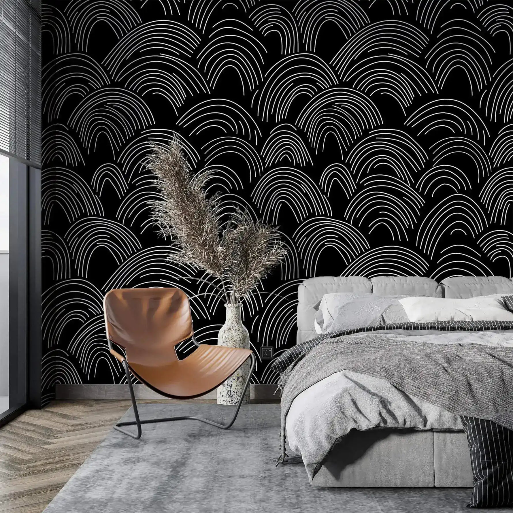 Minimalist Midnight Lines arch-wave wallpaper as a bedroom feature wall above a grey bed