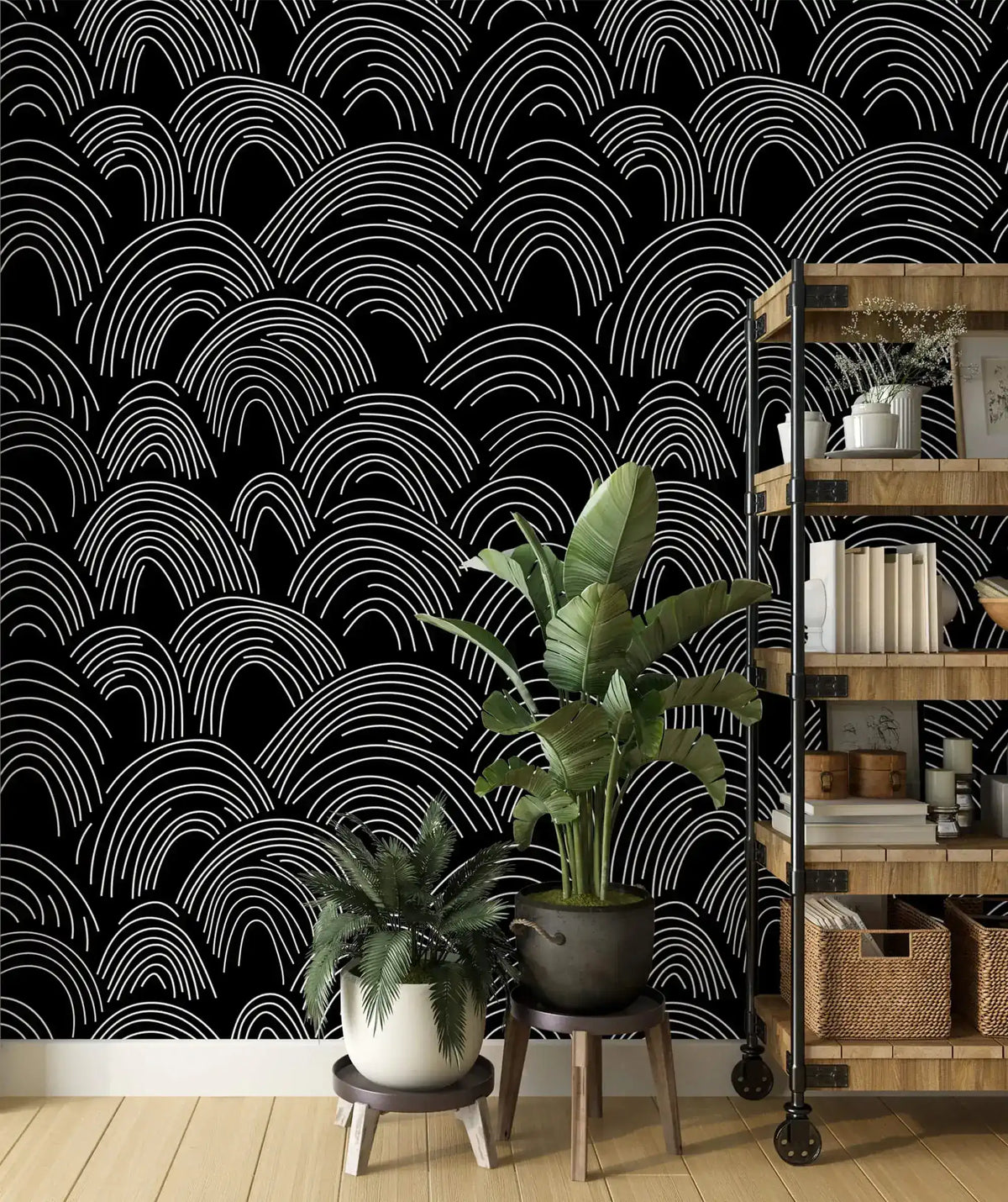 Minimalist Midnight Lines wallpaper, white sketched arch waves on black behind plants and shelf