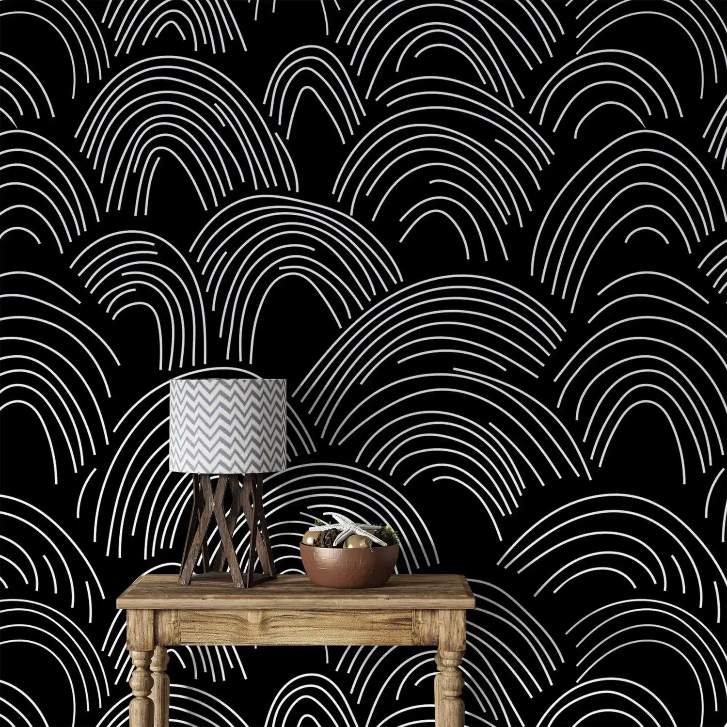Minimalist Midnight Lines wallpaper with white scallop arches behind a rustic console and lamp