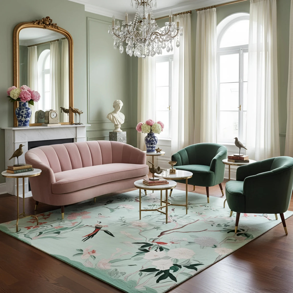 Living room with pink sofa, green armchairs, and floral rug