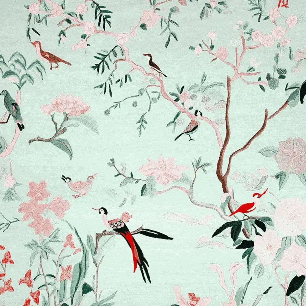 Mint Blossom Melody Hand Tufted Area Rug showcasing a serene nature-inspired design with birds and flowers, perfect for enhancing living room spaces. This wool rug offers a harmonious blend of colors, making it an ideal choice for those seeking elegant area rugs for living room decor.