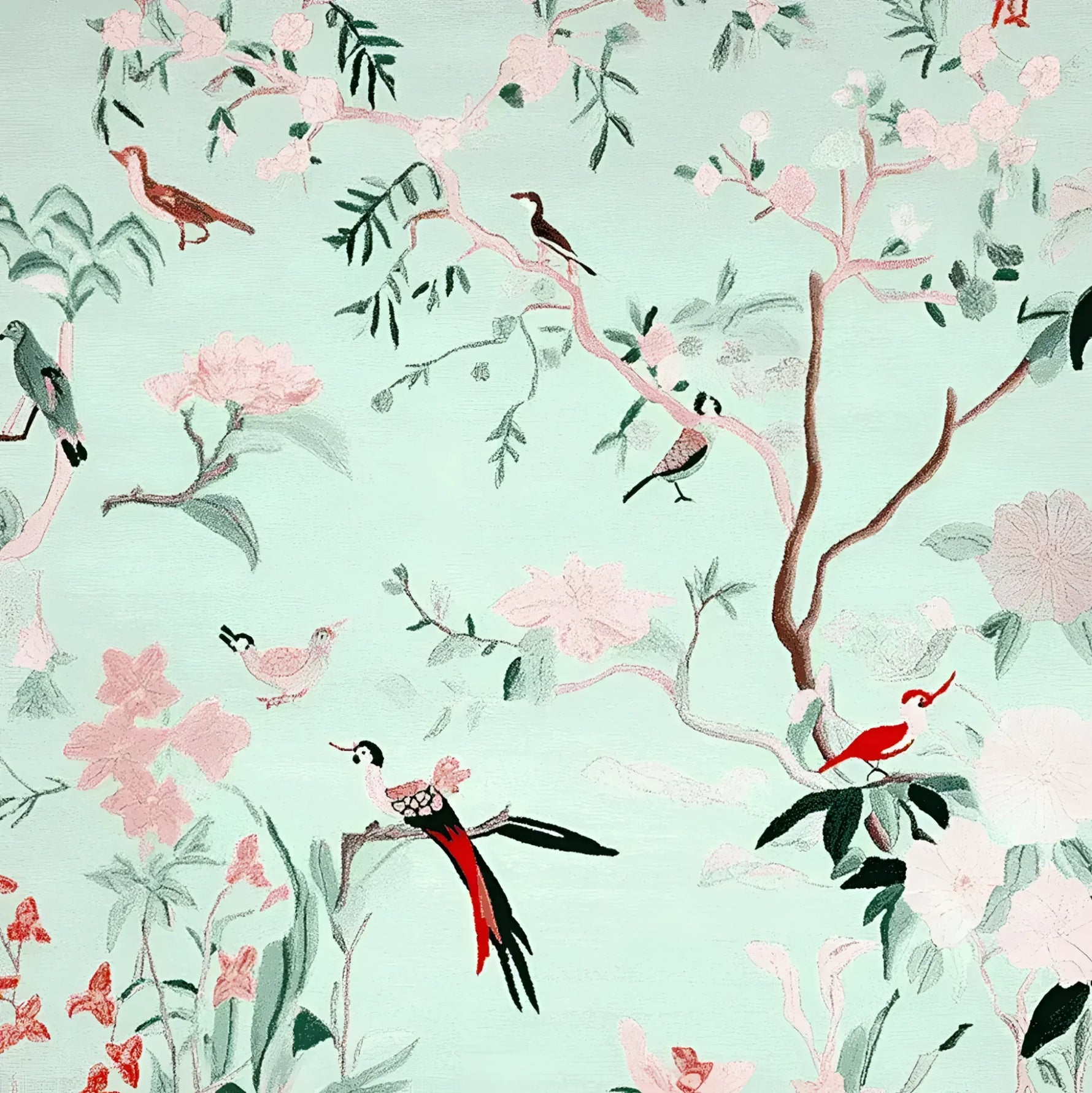 Mint Blossom Melody Hand Tufted Area Rug showcasing a serene nature-inspired design with birds and flowers, perfect for enhancing living room spaces. This wool rug offers a harmonious blend of colors, making it an ideal choice for those seeking elegant area rugs for living room decor.