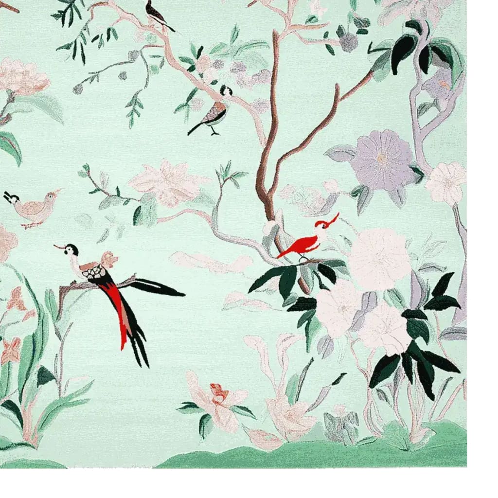 Beautiful Mint Blossom Melody Hand Tufted Area Rug featuring intricate floral and bird designs. This wool rug is perfect for living rooms, adding elegance to any space with its delicate patterns and soft texture. Ideal for those seeking stylish area rugs for living room decor.