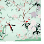 Beautiful Mint Blossom Melody Hand Tufted Area Rug featuring intricate floral and bird designs. This wool rug is perfect for living rooms, adding elegance to any space with its delicate patterns and soft texture. Ideal for those seeking stylish area rugs for living room decor.