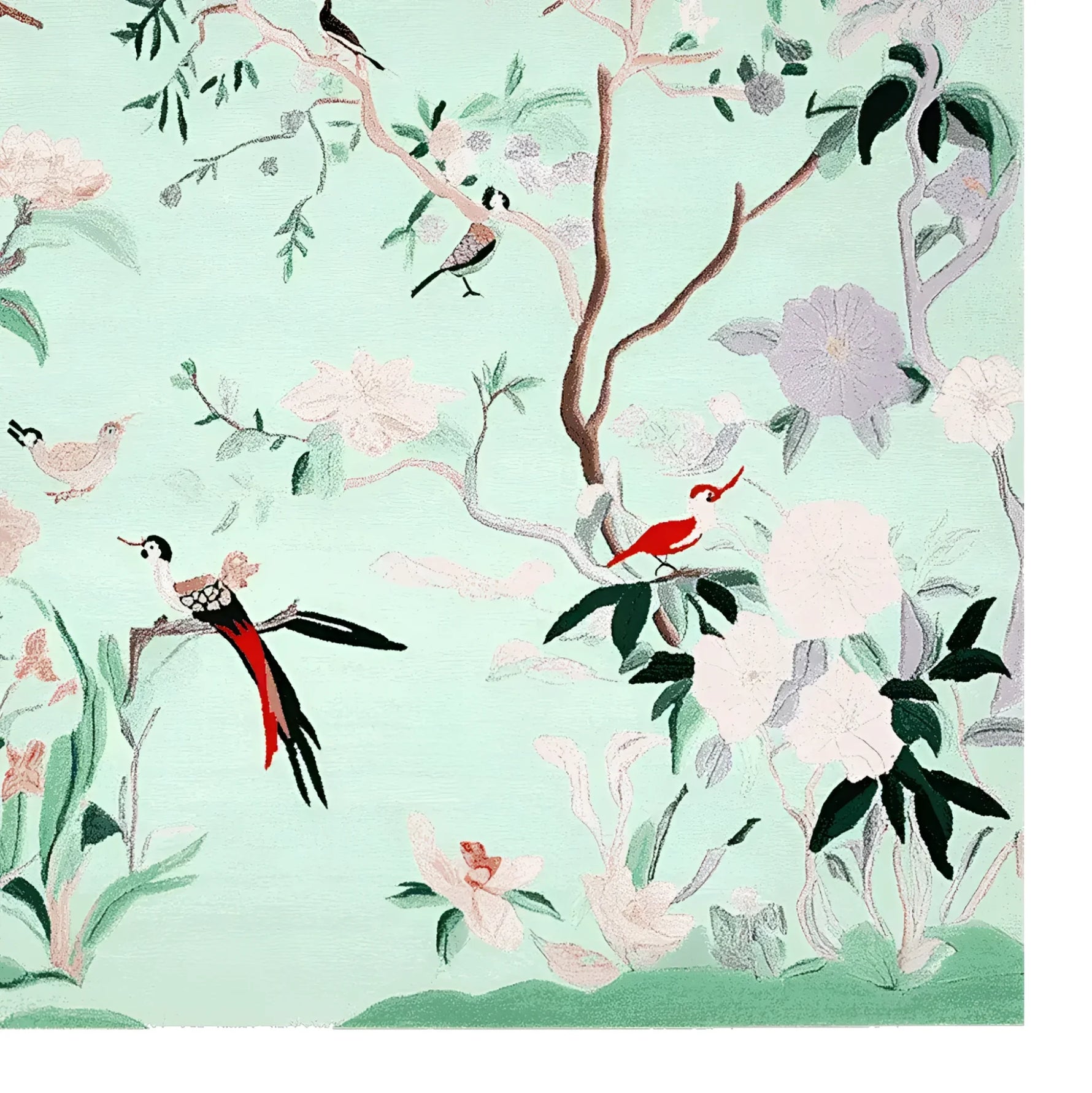 Beautiful Mint Blossom Melody Hand Tufted Area Rug featuring intricate floral and bird designs. This wool rug is perfect for living rooms, adding elegance to any space with its delicate patterns and soft texture. Ideal for those seeking stylish area rugs for living room decor.