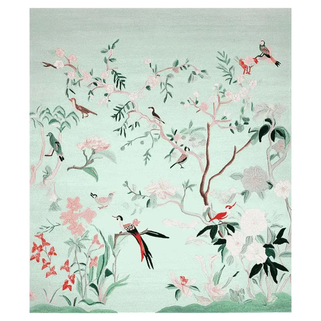 The Mint Blossom Melody Hand Tufted Rug showcases a vibrant design with birds and floral patterns, making it a perfect addition to living room area rugs. This wool rug features soft pastel colors and intricate detailing, ideal for enhancing the aesthetic of area rugs for living rooms.